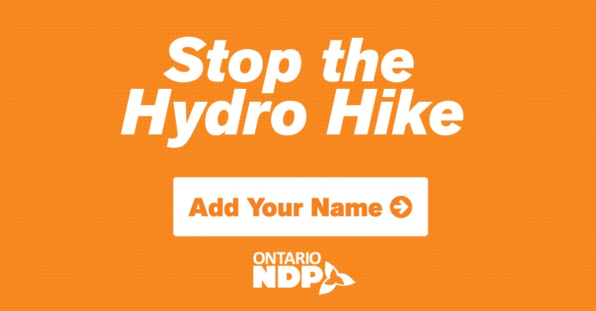 OntarioNDP's tweet photo. Ready to pay even more for Wynne's privatization scheme? Hydro One is seeking a 20% rate hike. Join us to say NO: https://t.co/JHHNvCZFWu https://t.co/4Ev7W5Fhcx