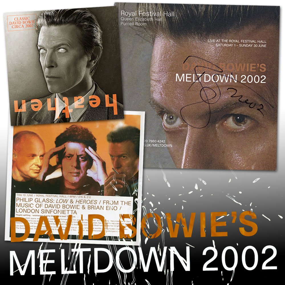 DavidBowieReal's tweet photo. Bowie’s Meltdown kicked off on this day in 2002, with Philip Glass’s Low and "Heroes" Symphonies at the RFH: https://t.co/BvuzZOYn9y https://t.co/4aaCCszfEW