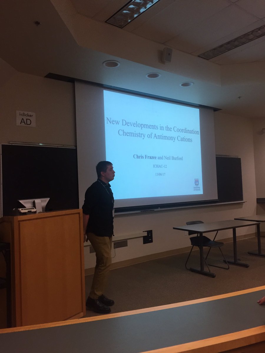 BurfordGroup's tweet photo. Chris Frazee is giving his presentation on antimony cations at @Ichac2017 #RealTimeChem #CationChemistry #Antimony https://t.co/gIt8imhsNC