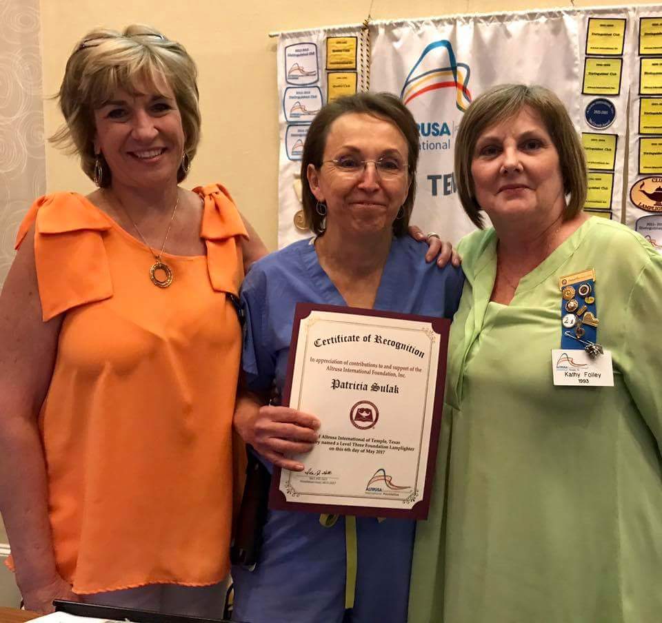 AltrusaTemple's tweet photo. Congratulations Dr. Patsy Sulak on recognition as a Lamplighter for your dedication &amp; work fundraising &amp;  promoting health. #AltrusaCares https://t.co/yFLyqQtdrg