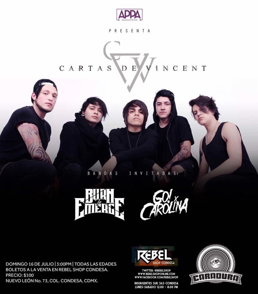 Nos vemos el 16 de julio en <a href="/caraduramx/">Caradura</a> última presentación del año en #CDMX de <a href="/CartasDeVincent/">VNCNT</a> venta de boletos en <a href="/RebelShop/">Rebel Shop Condesa</a> 🤘🏼