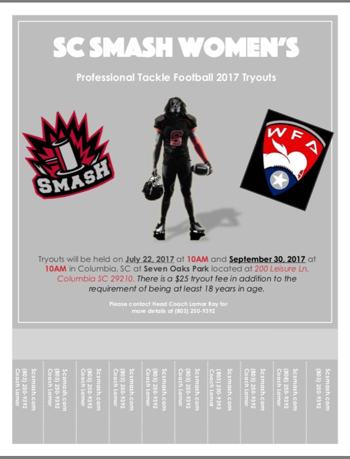 Scsmash2's tweet photo. SC Smash Women's Professional Football Tryouts in Columbia, SC @CityofColumbia @wis10 @WLTX https://t.co/ejUXQhcoP2