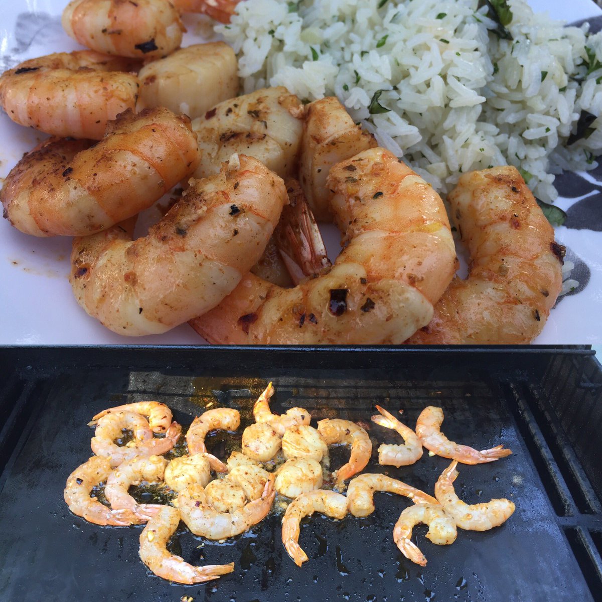 BeauBQue's tweet image. Grilled lemon and garlic sea scallops and wild caught gulf shrimp. Steamed herb jasmine. Served with Pinot Gris.