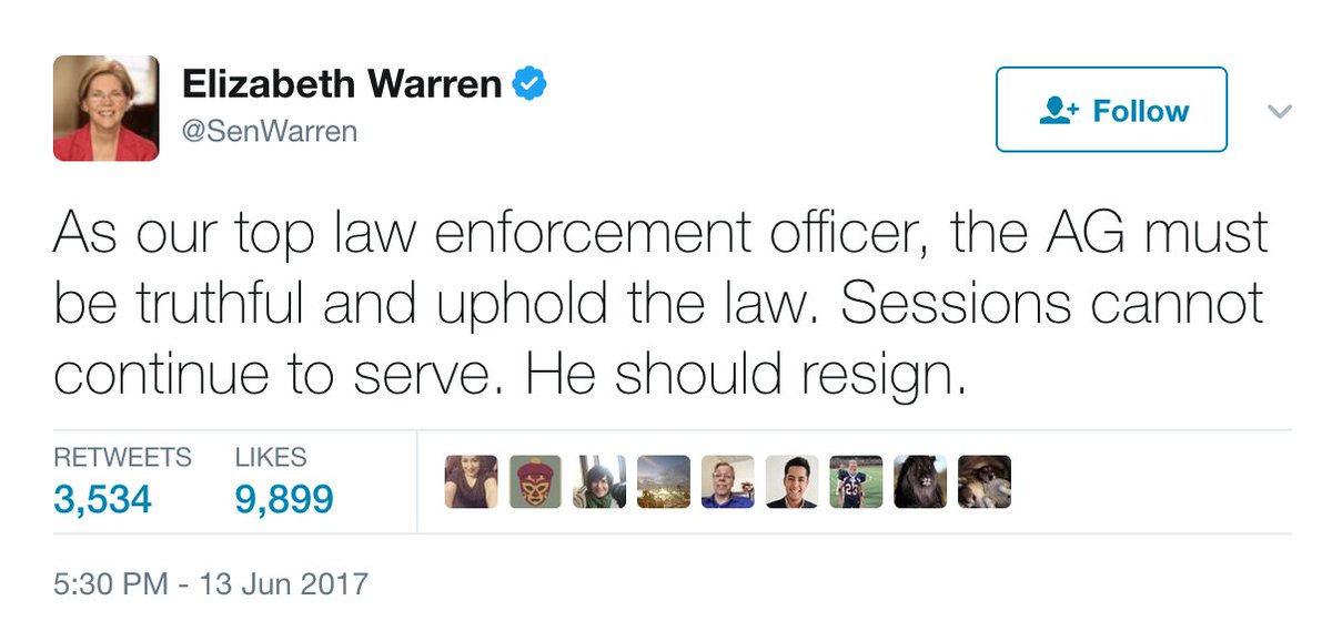 thehill's tweet photo. Warren calls on Sessions to resign after testimony https://t.co/TssNuvpy8J https://t.co/JS7fJziKtd