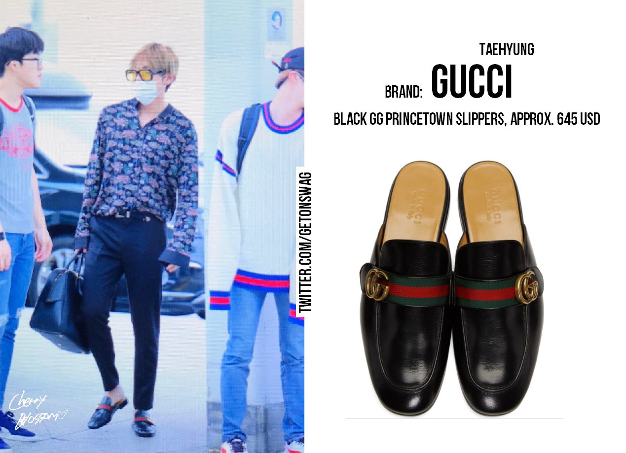 Twitter 上的 Beyond The Style ✼ Alex ✼："TAEHYUNG #BTS 170614 airport  #TAEHYUNG #태형 #방탄소년단 GUCCI Black GG Princetown Slippers 🎁 from Need U,  Baby https://t.co/GgiS7Zo0pK" / Twitter