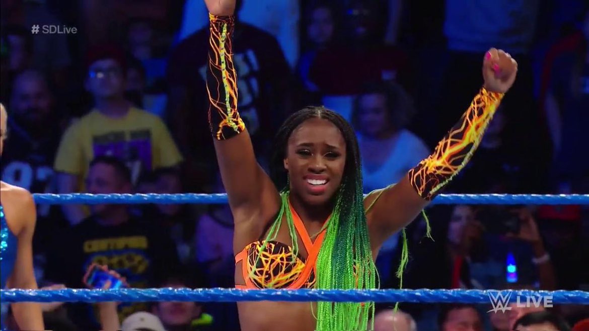 TWO_Sweeet's tweet photo. VICTORY for #SDLive #WomensChampion @NaomiWWE after she hits a #SplitLeggedMoonsault! But watch out... https://t.co/3GmW9uheLZ