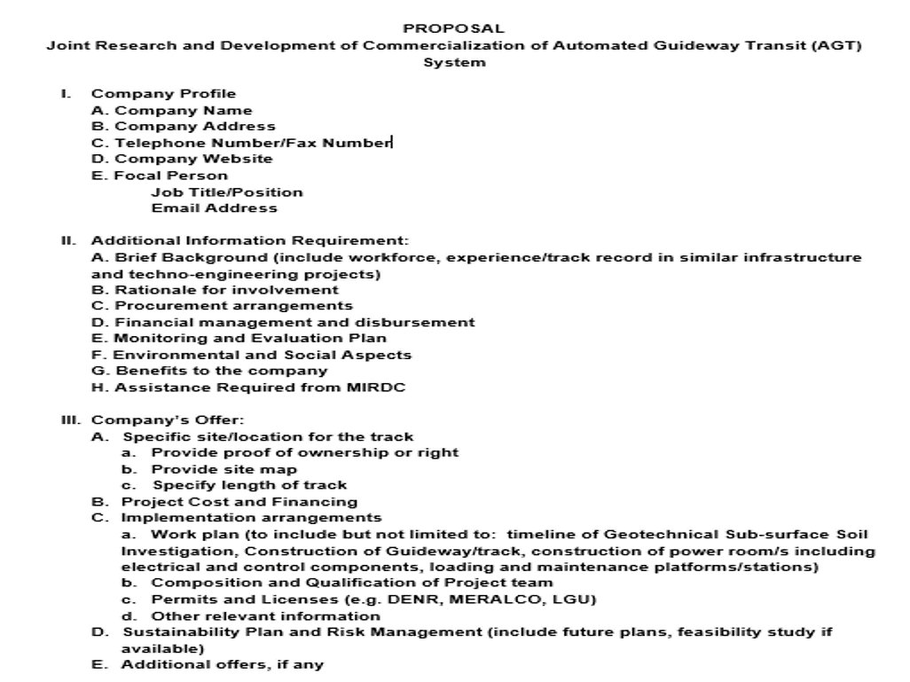 dostmirdc's tweet image. Call for Proposal: Joint Research and Development of  Commercialization of Automated Guideway Transit (AGT) System. Pls refer to template.
