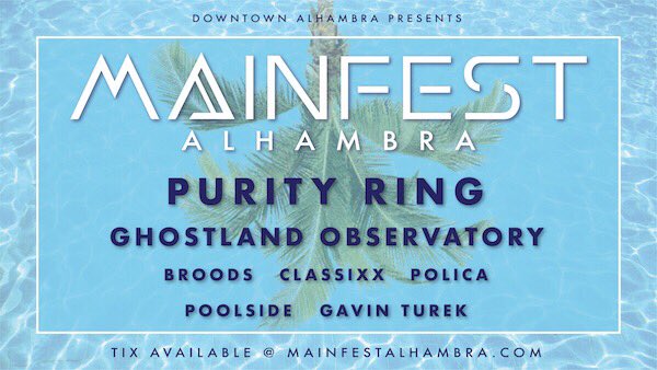 ellenwoodEP's tweet photo. .@MainFestAlh 2017 9/9 #alhambra lineup: @PURITY_RING @OfficialGLO @broodsmusic @Classixx + more https://t.co/0mRZQUCcfe https://t.co/Atf7wExQfk