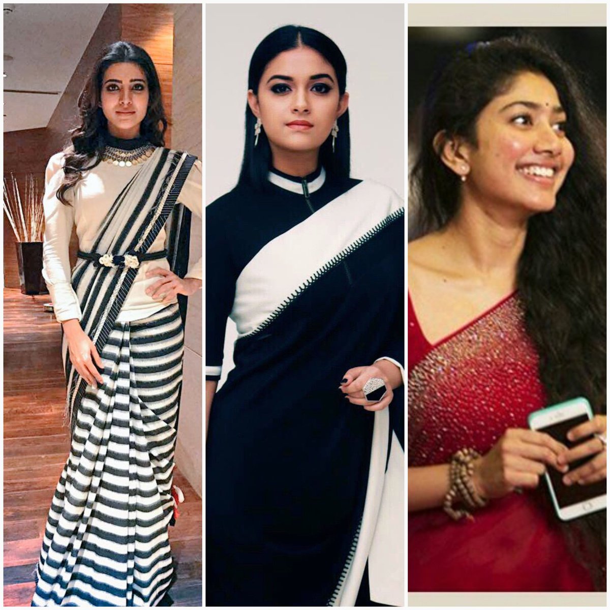 rameshlaus's tweet photo. Indian Saree will never go out of fashion.. These 3 beauties - @Samanthaprabhu2 , @KeerthyOfficial and @Sai_Pallavi92 - proved at #BGM2017 https://t.co/KDqbXjUcms