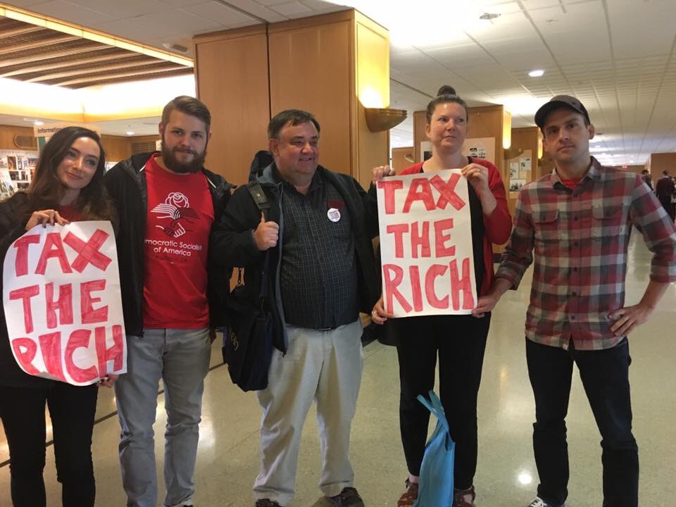 PortlandDSA's tweet photo. A few of us down at the state capitol to show the Joint Committee on Tax Reform our demands... #ORpop #OregonCantWait https://t.co/QWzHc2MpqL