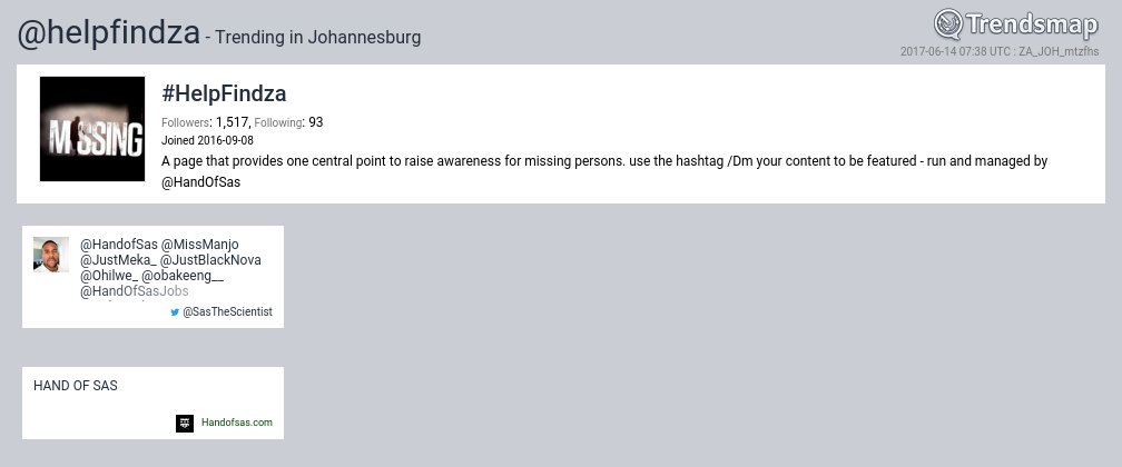 TrendsJoBurg's tweet photo. #HelpFindza, @helpfindza is now trending in #Johannesburg
https://t.co/rtEVpsxlpb https://t.co/Fr29vZUcYj