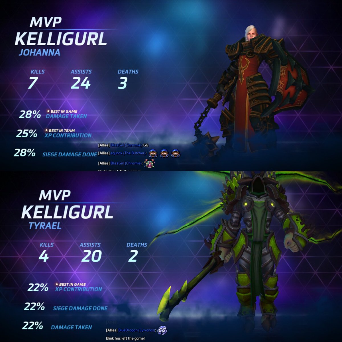 kelligurl's tweet image. Double #mvp on #warrior heroes tonight! My highest lvl hero #johanna and my 1st night playing #tyrael. #heroesofthestorm #gamergirl #winning