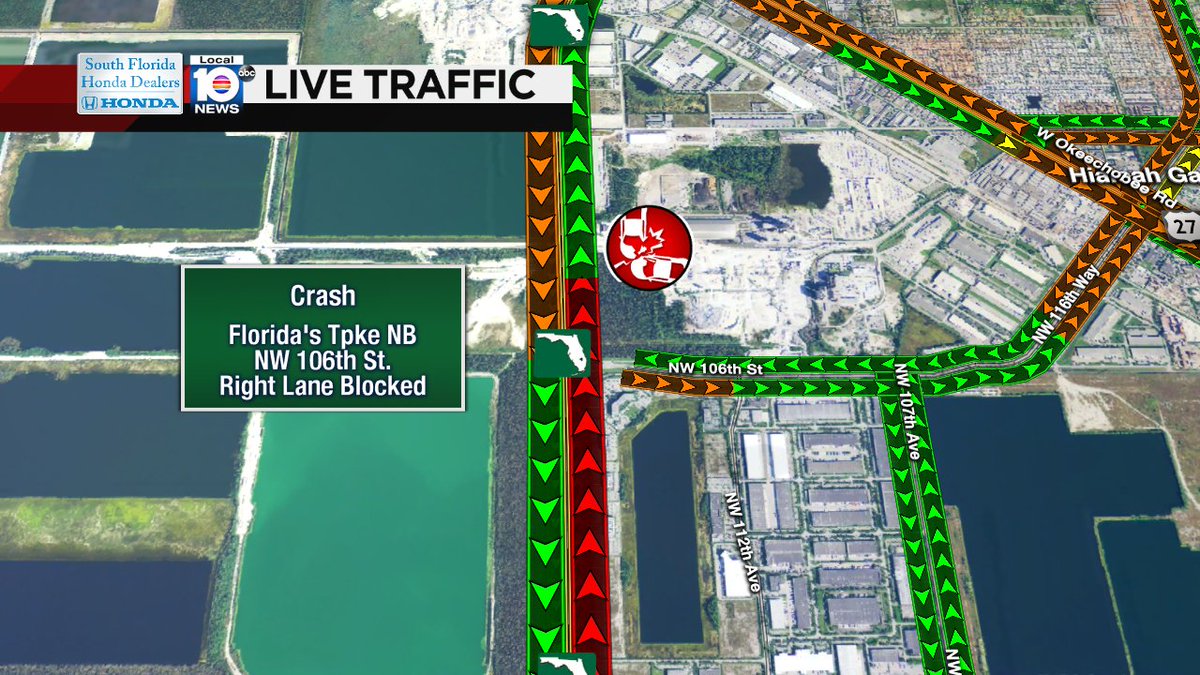 CRASH: Florida's Tpke Ext NB & NW 106th St. A right lane is blocked; expect delays. #TRAFFIC https://t.co/jkGUKKCRf2