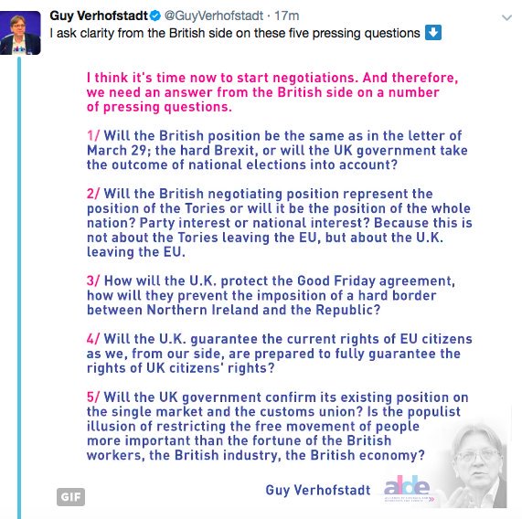 ianbirrell's tweet image. Provocative but entirely justified from @GuyVerhofstadt: Wondering if May has any idea yet on some key Brexit questions? (h/t @NinaDSchick)