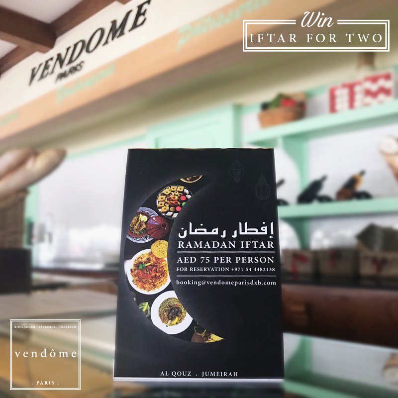 vendomedubai's tweet photo. #LastChance to #WinIftarFor2 at Vendome Paris
Tag 3 friends &amp; tell us in which branches are we serving #iftar buffet?
#ContestAlert #mydubai https://t.co/r5XZpYBsXg