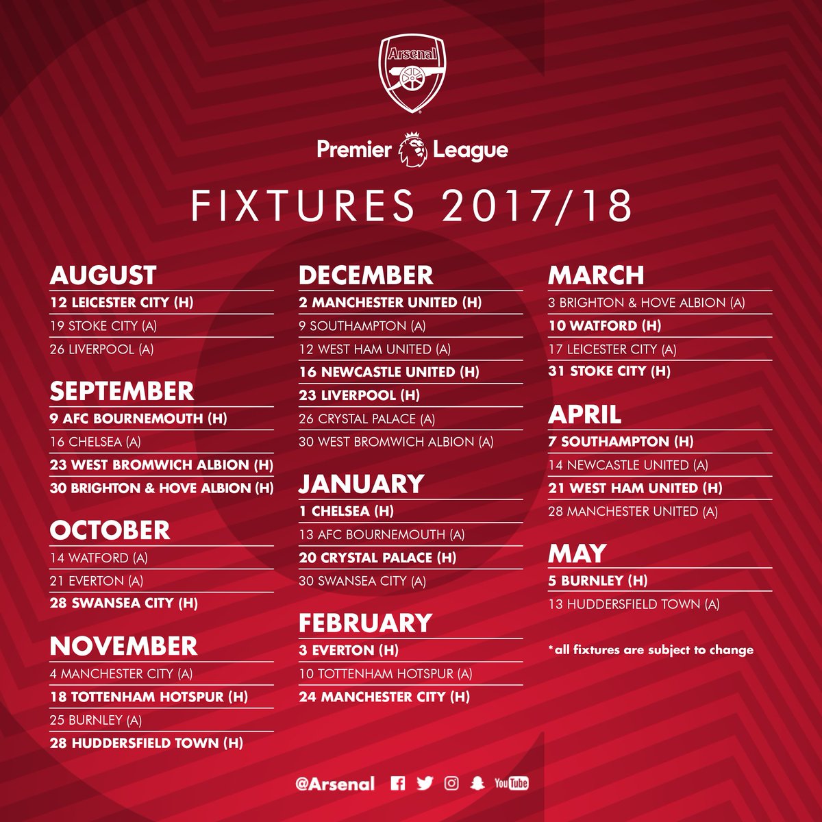 Arsenal on X: Here it is - our @premierleague schedule for 2017/18  #WeAreTheArsenal 🔴  / X