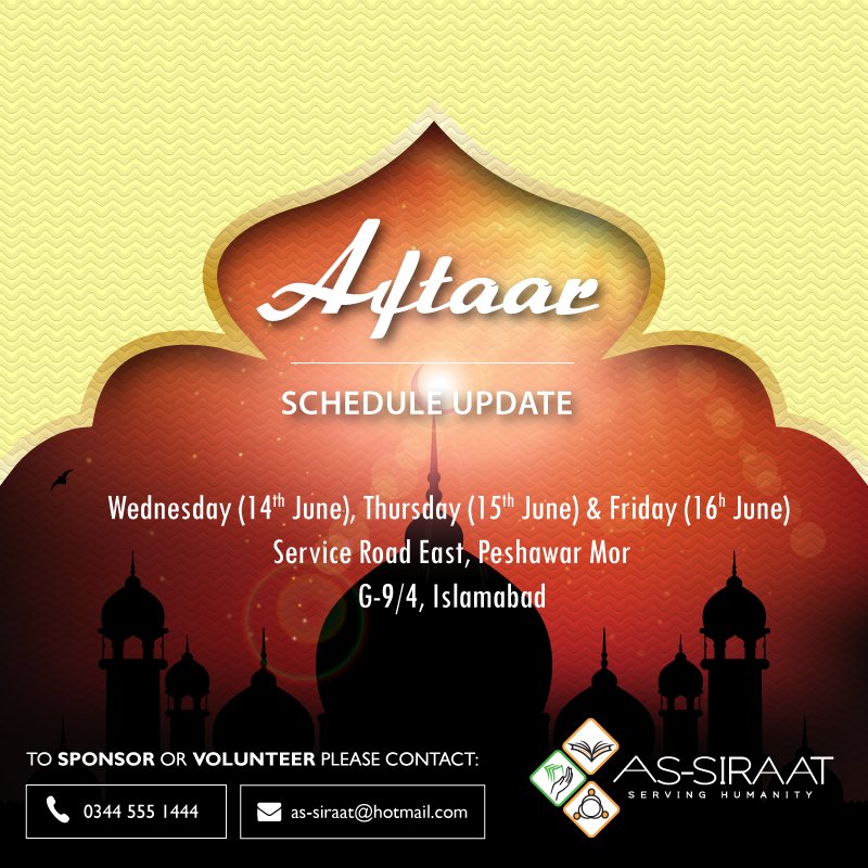 assiraattrust's tweet photo. #AsSiraat's Aftaar Schedule Update To Sponsor/Volunteer call 0344 5551444 or email as-siraat@hotmail.com

#Ramadan #charity #bethechange https://t.co/wprFoAoAln
