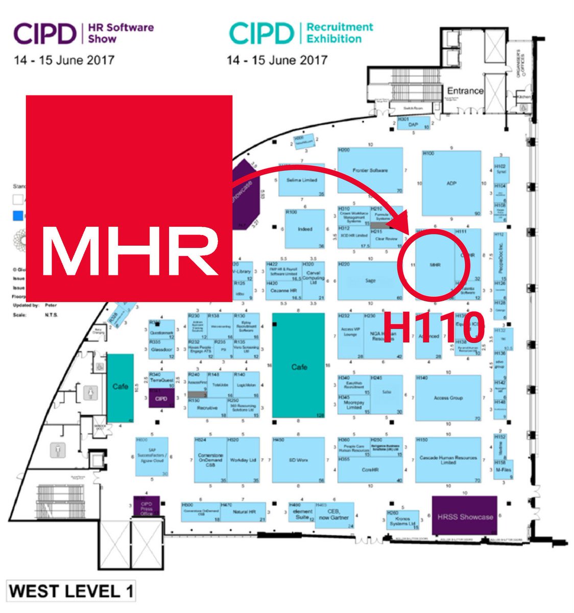 mhr_solutions's tweet image. You can find MHR on stand H110 at #HRSSREC17 - here&apos;s a handy map! Come and find out how you can get your #timeback