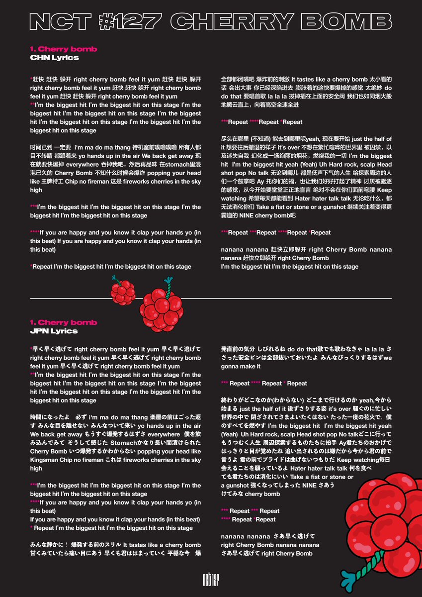 Nct 태용 On Twitter Nct127 Cherrybomb Kor Eng Chi Jpn Cherry Bomb Lyrics From Digital Booklet Https T Co Z1htnevn1k Twitter