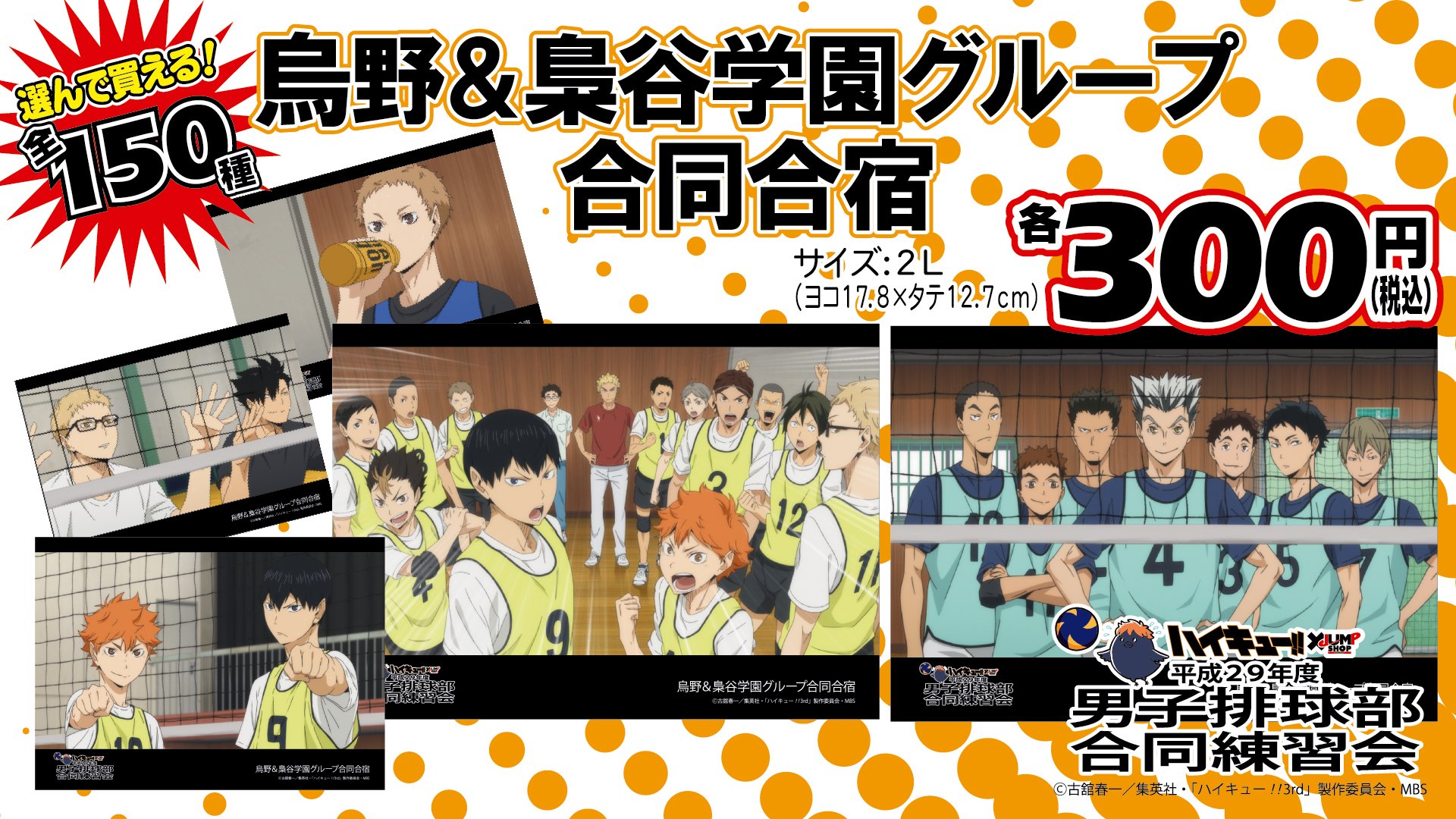 ট ইট র ハイキュー 合同練習会 Jump Shop ハイキュー 合同練習会の催し その2 排球部スナップ写真 宮城県代表決定戦 決勝戦 烏野vs白鳥沢 烏野 梟谷学園グループ合同合宿の練習風景のスナップ写真を全150枚 ドーンと展示 販売いたします