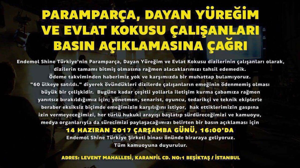 #endemolshine yapım şirketi emekçilerine destek vermek lazım . #paramparça #evlatkokusu #dayanyüreğim