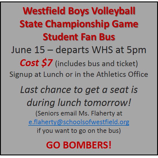 WHSBombers's tweet photo. Signup for the @BombersBoysVB Student Fan Bus going to the Boys Volleyball State Finals match tomorrow!  Spots are going quick! https://t.co/RYxysKISwA