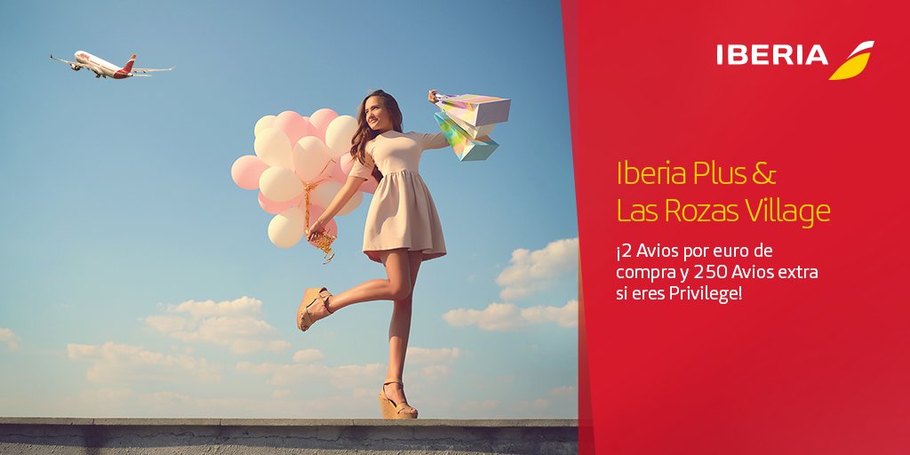 Iberia's tweet photo. Haz RT si crees que mereces beneficios extra con tus compras @lasrozasvillage 🛍¡Los+rápidos ganan Avios! #IberiaPlus
https://t.co/2mJAITzTDh https://t.co/XoEF6iSr2f