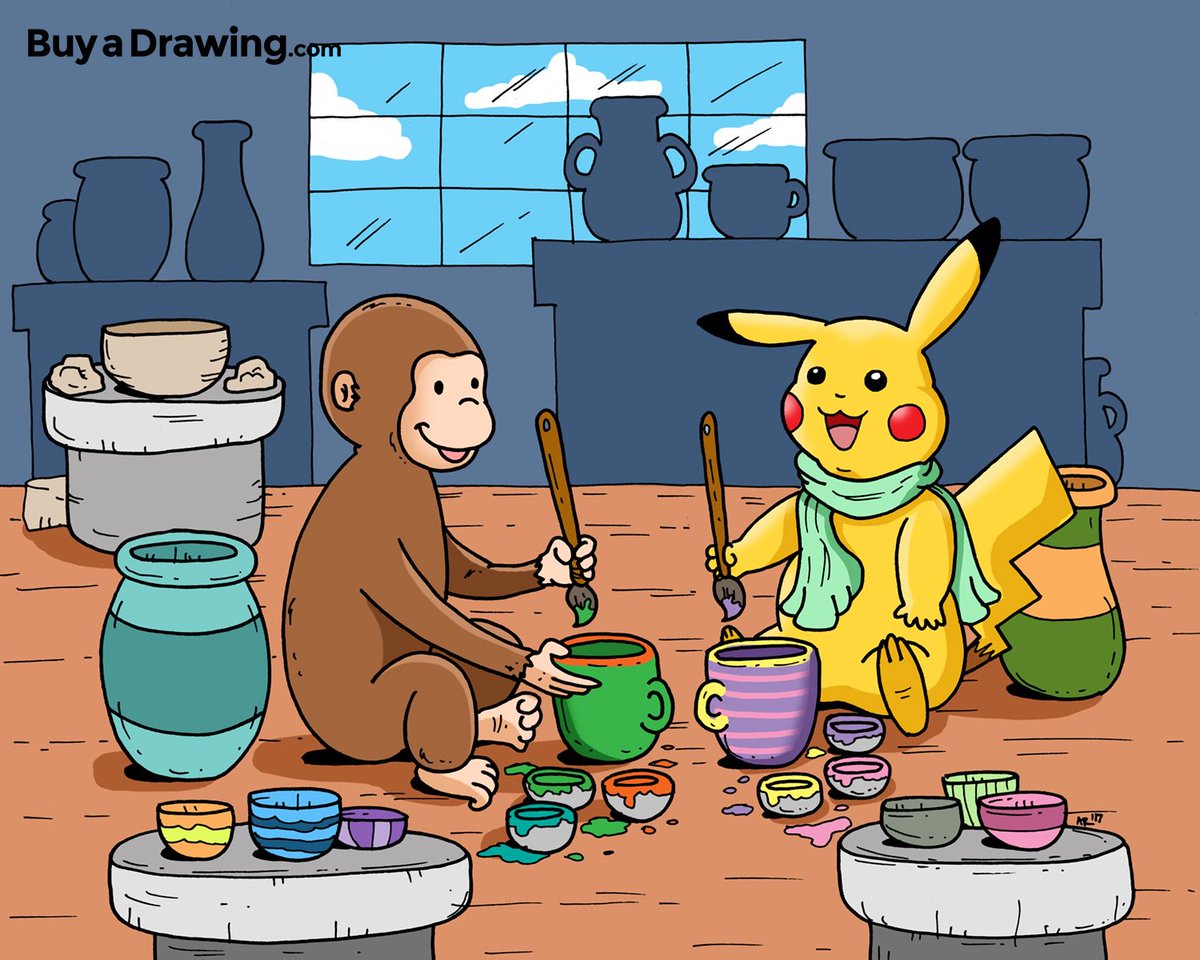 CUTE OVERLOAD! Pikachu and Curious George in a pottery studio drawn for Daniel M. #Pokemon #cartoon #cartoonist #drawing #draw