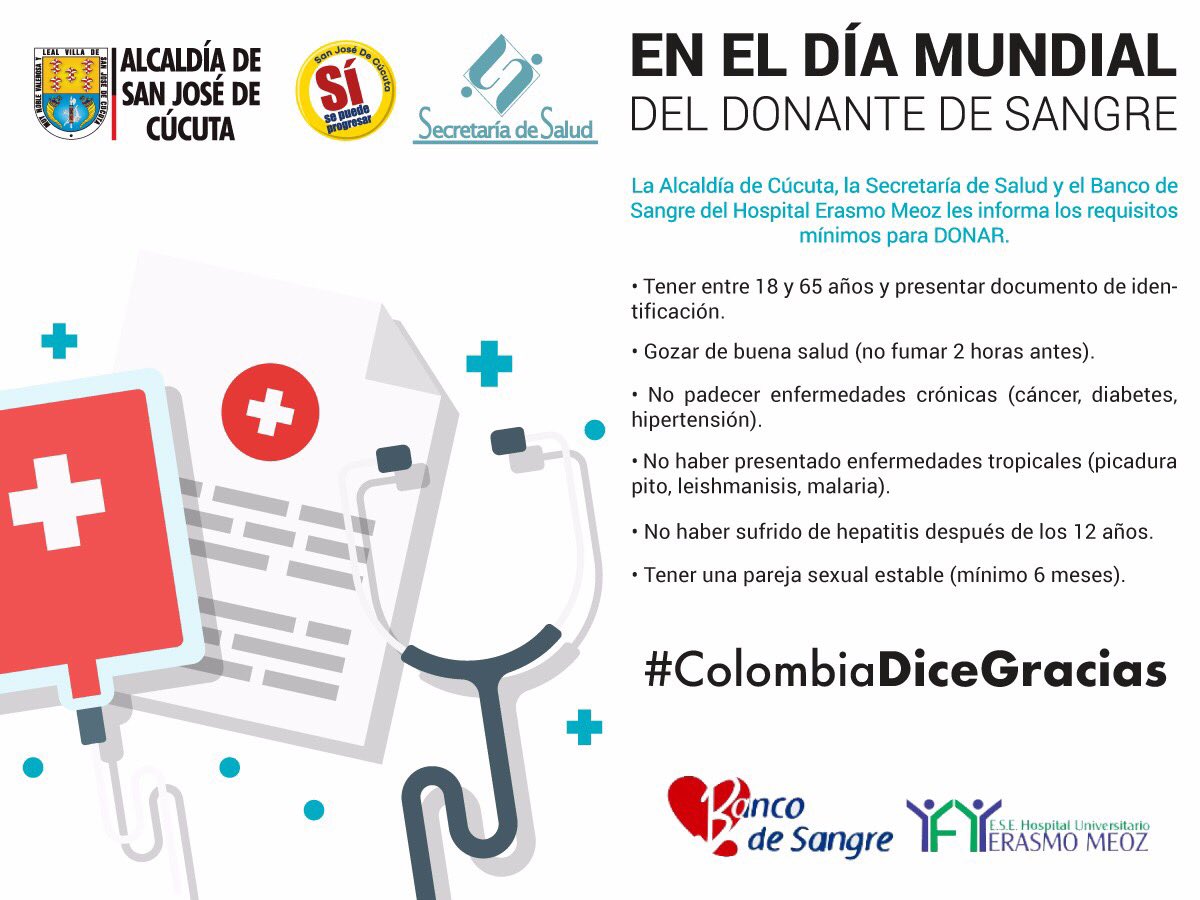 ssaludcucuta's tweet photo. Si cumples con los requisitos DONA..#@Alcaldia1Cucuta @ssaludcucuta conoce los requisitos mínimos para donar.
#ColombiaDiceGracias https://t.co/WCnd9v42WT