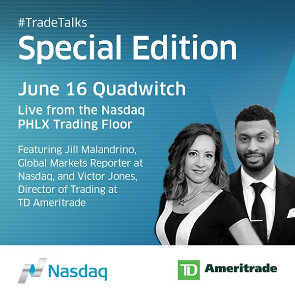 NasdaqExchange's tweet photo. Don’t miss this special edition of #TradeTalks on Friday w. Victor Jones, @TDAmeritrade &amp; @JillMalandrino https://t.co/bjqNoaj2tA
