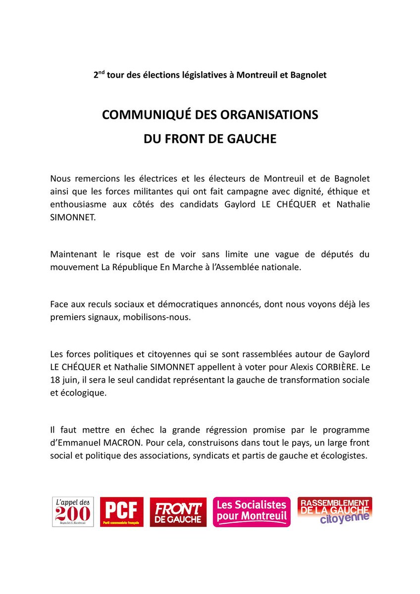 LeChequer2017's tweet photo. Communiqué des organisations du Front de Gauche pour le 2nd tour de l'élection législative #circo9307 https://t.co/yXlMBf0dxO