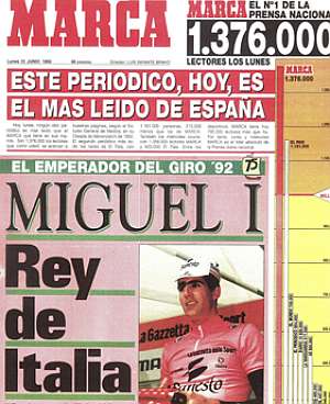 Olimpicos365's tweet photo. Hoy se cumplen 25 años del primer Giro de Indurain. Así lo contaron en sus portadas @marca y @mundodeportivo 📰🚴 https://t.co/tb3mRTeDd7