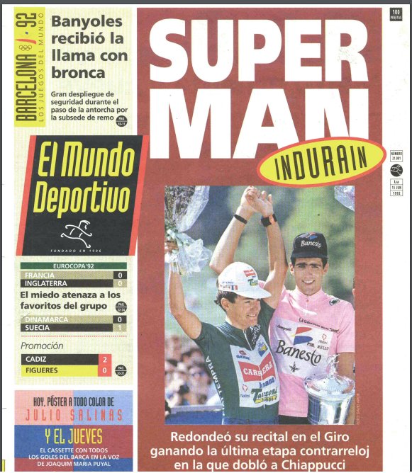 Olimpicos365's tweet photo. Hoy se cumplen 25 años del primer Giro de Indurain. Así lo contaron en sus portadas @marca y @mundodeportivo 📰🚴 https://t.co/tb3mRTeDd7