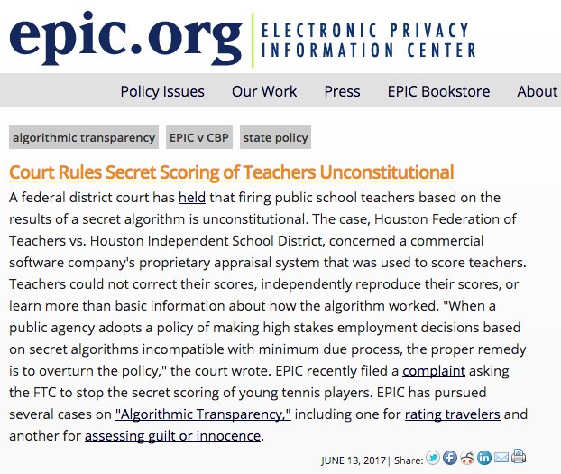 . @EPICprivacy 'Court Rules Secret Scoring of Teachers Unconstitutional' #AlgorithmicTransparency @FrankPasquale  epic.org/2017/06/court-…