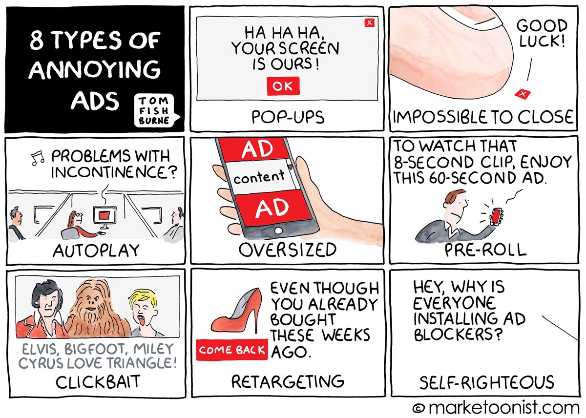 8 types of annoying ads #marketoon marketoonist.com/2017/06/annoyi… via <a href="/tomfishburne/">Tom Fishburne</a> < note the #selfrighteous about #adblocking