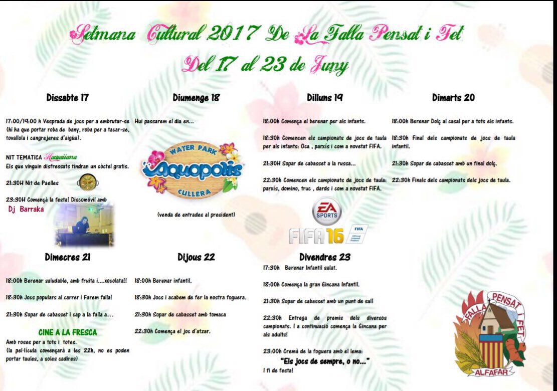 Próximos Sabado 17 comienza nuestra tradicional Semana Cultural para todo el barrio, baja al Casal y apúntate a las actividades programadas.