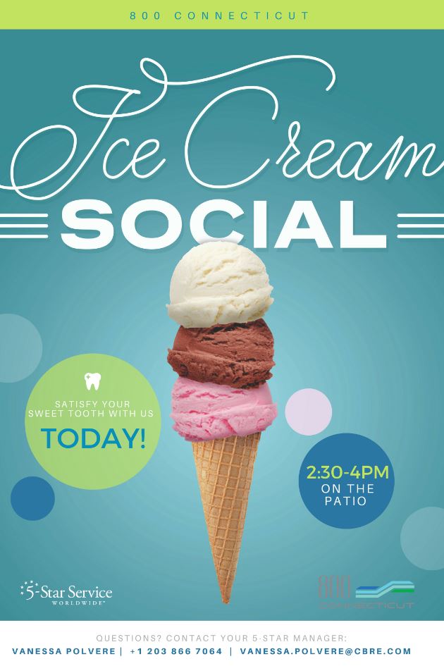 800Connecticut's tweet photo. SURPRISE! We are treating all #800CT employees to an #icecreamsocial today on the patio with @GoferIceCream from 2:30 - 4 PM #5StarWorldwide https://t.co/wN8Z0MwRc7