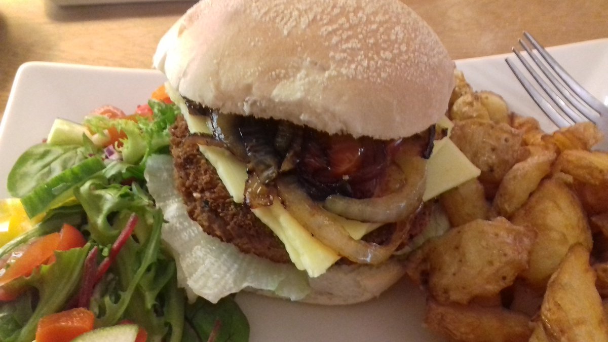 1nutclough's tweet photo. Omg, I am having a vegan burger with #vegancheese! Well done The Kitchen in #mytholmroyd! Brill to hear "Do you want vegan cheese?" #vegans https://t.co/9Gq3D8B0pH