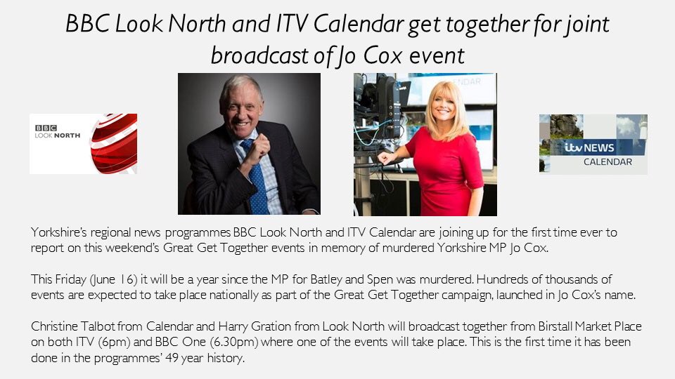 A bit of history. For first time in 49 years, <a href="/BBCLookNorth/">BBC Yorkshire</a> &amp; <a href="/itvcalendar/">ITV News Calendar</a> get together. Pleased we're doing this. theguardian.com/politics/2017/…