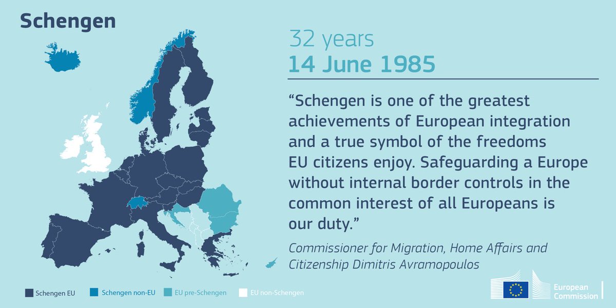 Avramopoulos's tweet photo. Today we celebrate 32 years of #Schengen, one of the greatest achievements of European integration. To safeguard, cherish and uphold. https://t.co/a1U9jfnhLr