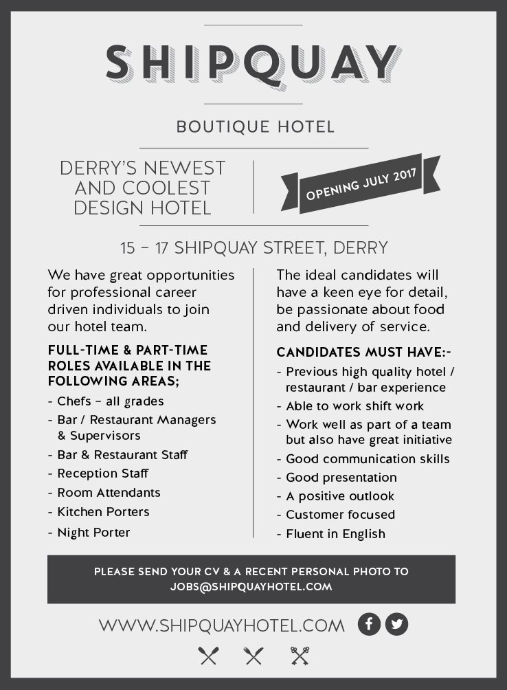 ShipquayHotel's tweet photo. Hello Derry! We're hiring! Please apply by email to jobs@shipquayhotel.com @VisitDerry @derryjournal @DerryNow #ShipquayHotel #FirstTweet https://t.co/sudVr1OfcT