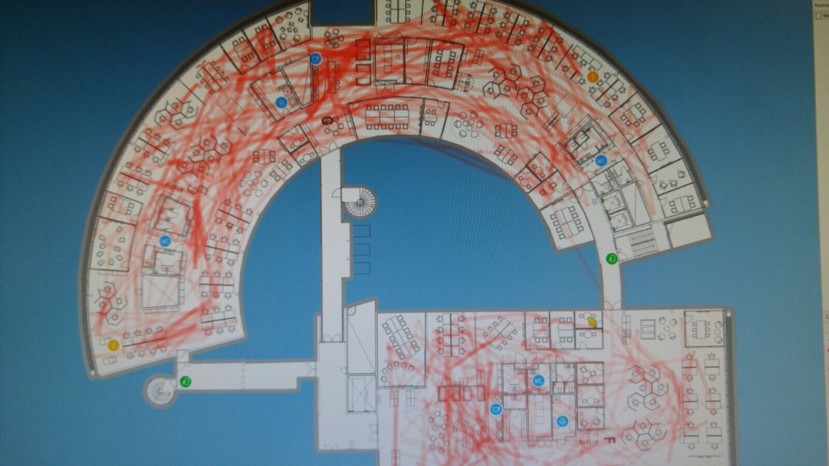 TomiTeikko's tweet photo. Kids drawing? No, humans as IoT sensors. Real heatmap of @TietoCorp Keilalahti office usage today! #SmartBuildingFI https://t.co/Fb0Vp0yGqj
