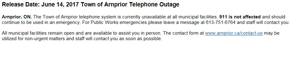 Phone issues for @arnprior 9-1-1 service unaffected. #ottnews https://t.co/pH4YFa8DnE