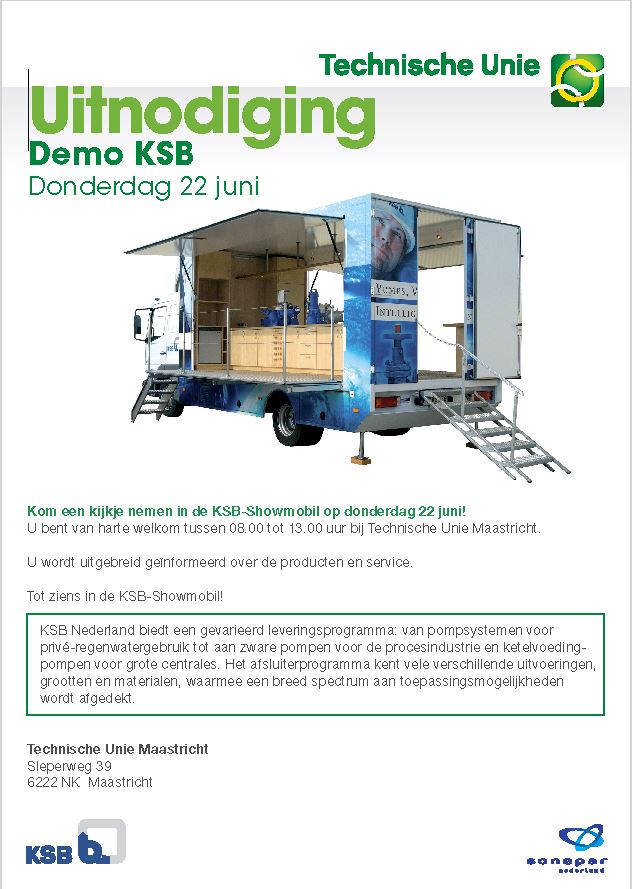 Donderdag 22 juni <a href="/KSBcompany/">KSB Company</a> #TUbALIE #Maastricht van 8 tot 13 uur KSB-Showmobil tot volgende week aan onze balie.