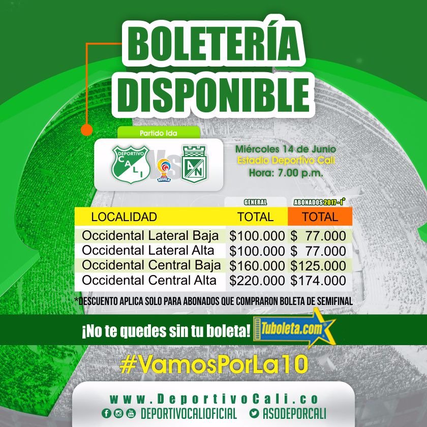 DeportivoCaliCP's tweet photo. #VamosPorLa10

¡Señoras y señores! Esta es la boletería disponible para esta noche en la final

Partido: 7:00 p.m.
Apertura: 3:00 p.m. https://t.co/iMR0dGOW1B