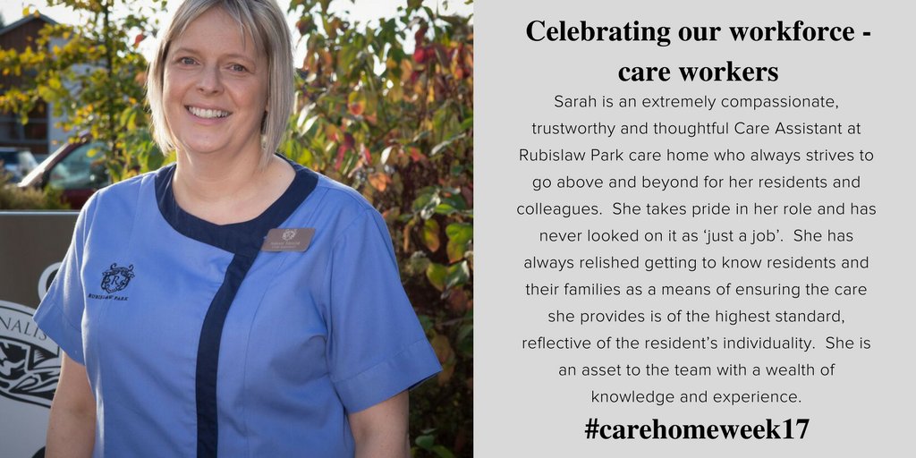 For the next hour we'll be showcasing the many &amp; varied careers in care homes. 1st up is Sarah, Care Assistant <a href="/RubislawCare/">Rubislaw Park</a> #carehomeweek17