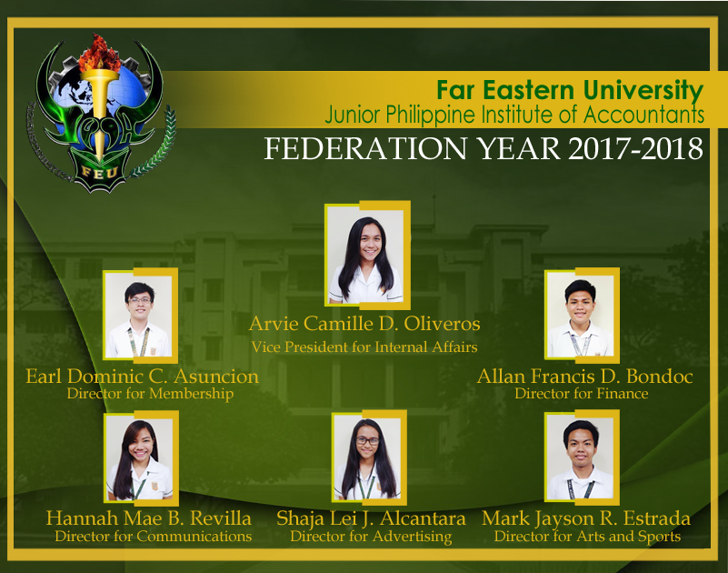 feujpiamnl's tweet photo. The Junior Philippine Institute of Accountants - FEU Chapter humbly introduces the new set of officers for the federation year 2017-2018. https://t.co/6zcGhJqvfe