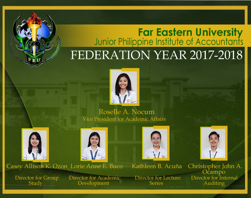 feujpiamnl's tweet photo. The Junior Philippine Institute of Accountants - FEU Chapter humbly introduces the new set of officers for the federation year 2017-2018. https://t.co/6zcGhJqvfe