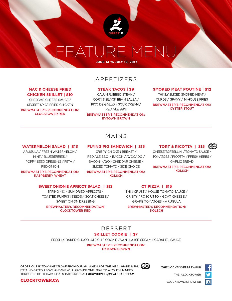 The_Clocktower's tweet photo. Proud to present our new features menu.
Let us know which new item you would love to try.
#SmokedMeatpoutine
@mealshareYOW 
@SkipTheDishes https://t.co/LkTOLtF7JC