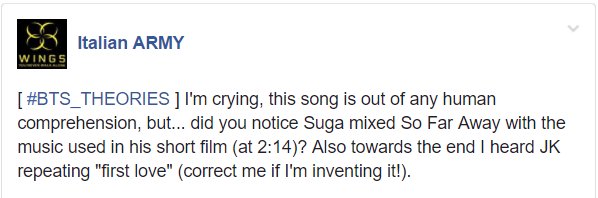 ItalianARMY_BTS's tweet photo. #SoFarAway is mixed with First Love Short Film music!
#2017BTSFESTA
#4yearsBTSwithARMY #4YearsSinceFirstLove #4YearsofTeamwork https://t.co/ZMnvU4knth